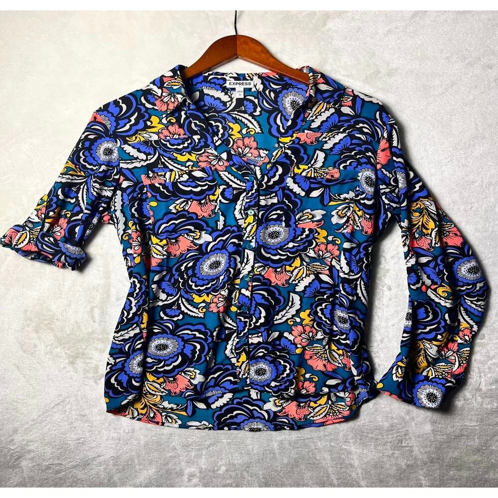 Express Silken Button Up Blouse Women's L Bold Floral Pattern Turquoise Pink Top